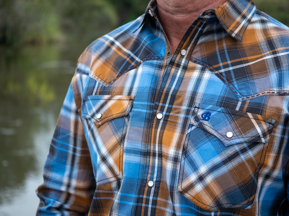 Brigalow- Mens "Bourke" Blue/Brown Cotton Check Shirt