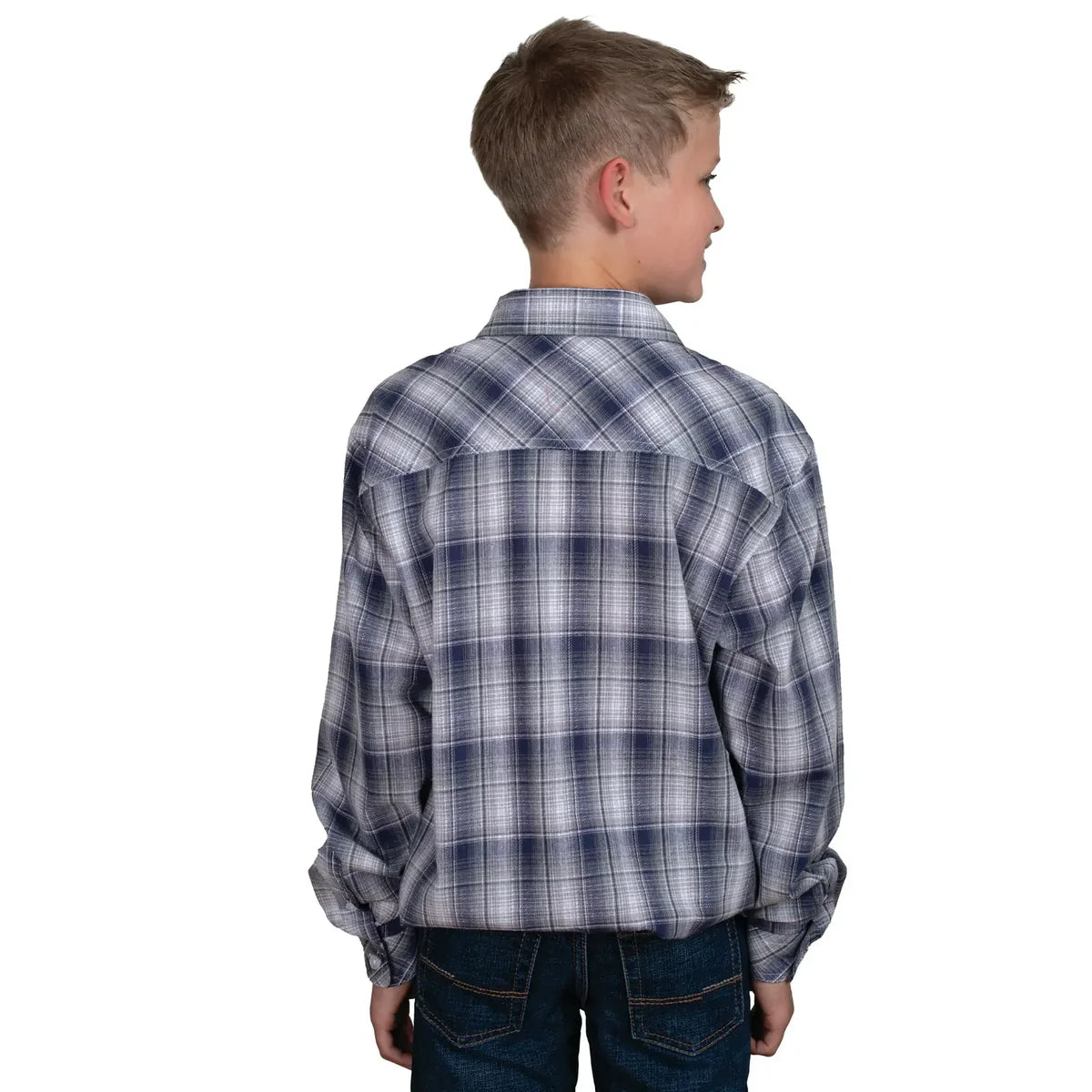 Just Country Kid's Brayden Half Button Print Work Shirt - Admiral Blue/Slate Check