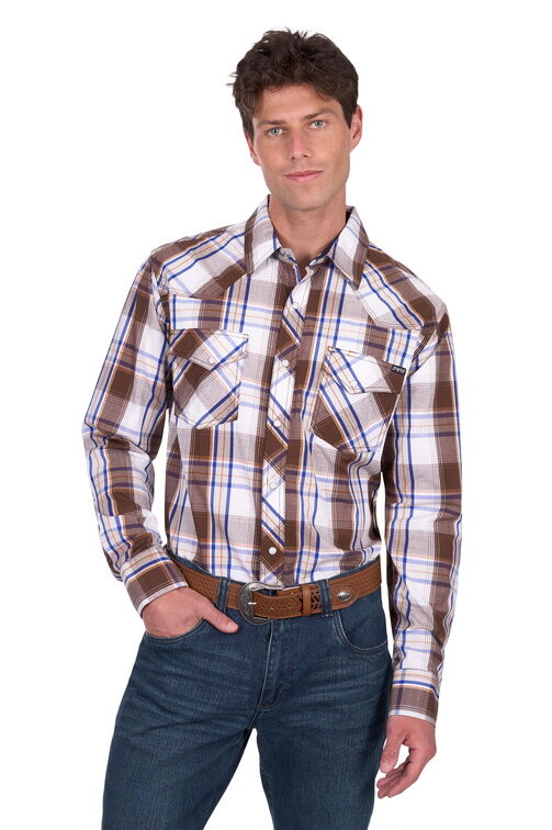 Pure Western Mens George L/S Shirt Dark Tan/Blue