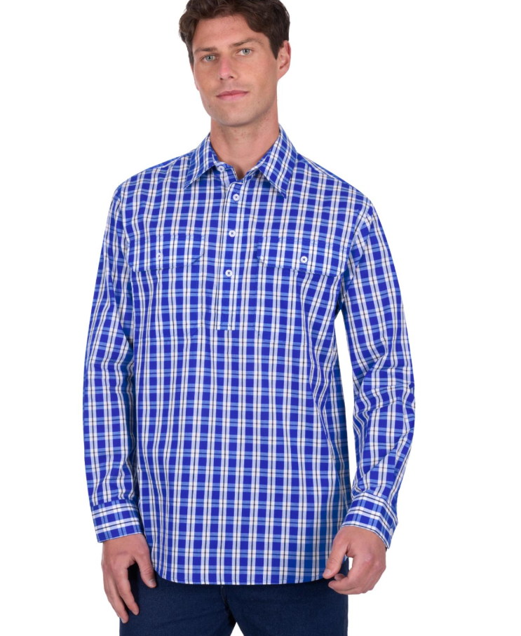 Hard Slog Men’s Shirt ‘Levers’ Half Placket Long Sleeve Royal/White