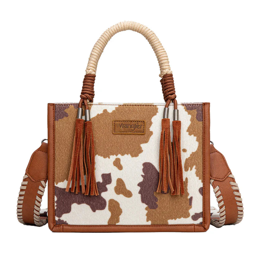 Wrangler Cow Print Tassel Crossbody Bag Tan