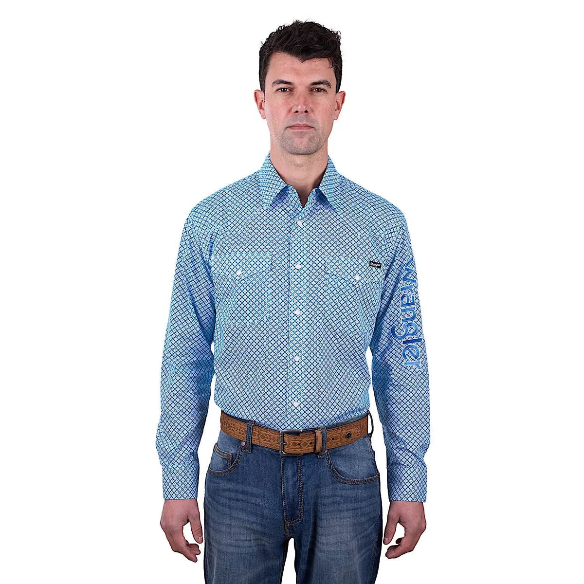 Wrangler Mens Jude Print Logo Western Long Sleeve Shirt - Blue/Teal.