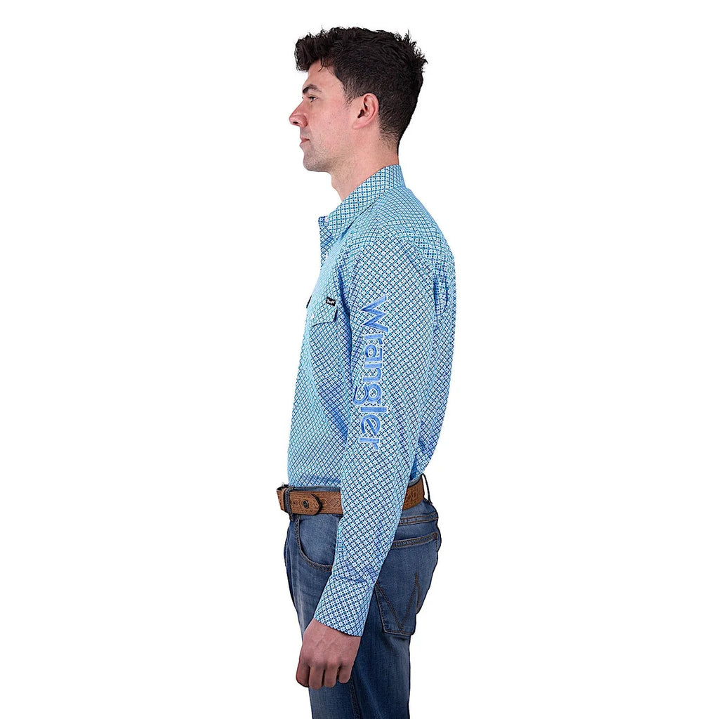Wrangler Mens Jude Print Logo Western Long Sleeve Shirt - Blue/Teal.