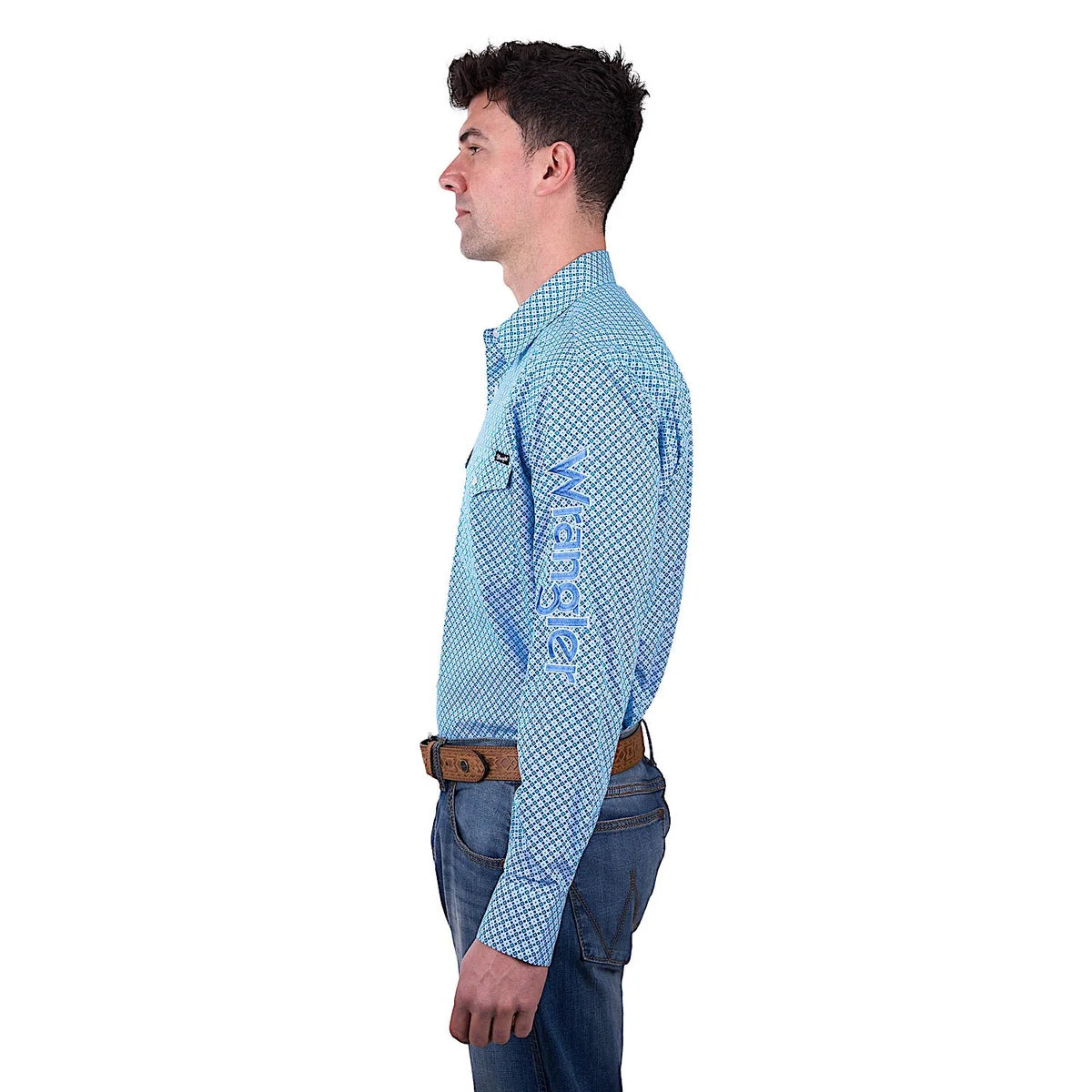 Wrangler Mens Jude Print Logo Western Long Sleeve Shirt - Blue/Teal.